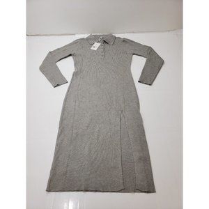 Deep Self Womens Dress Long Sleeve 1/4 Button Collared Stretch Ribbed Grey M